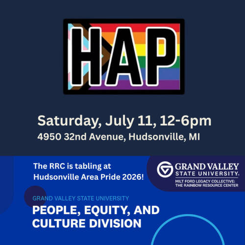 The Hudsonville Area Pride logo, a progress pride flag behind the letters "HAP". Text reads "The RRC is tabling at Hudsonville Area Pride 2026"
